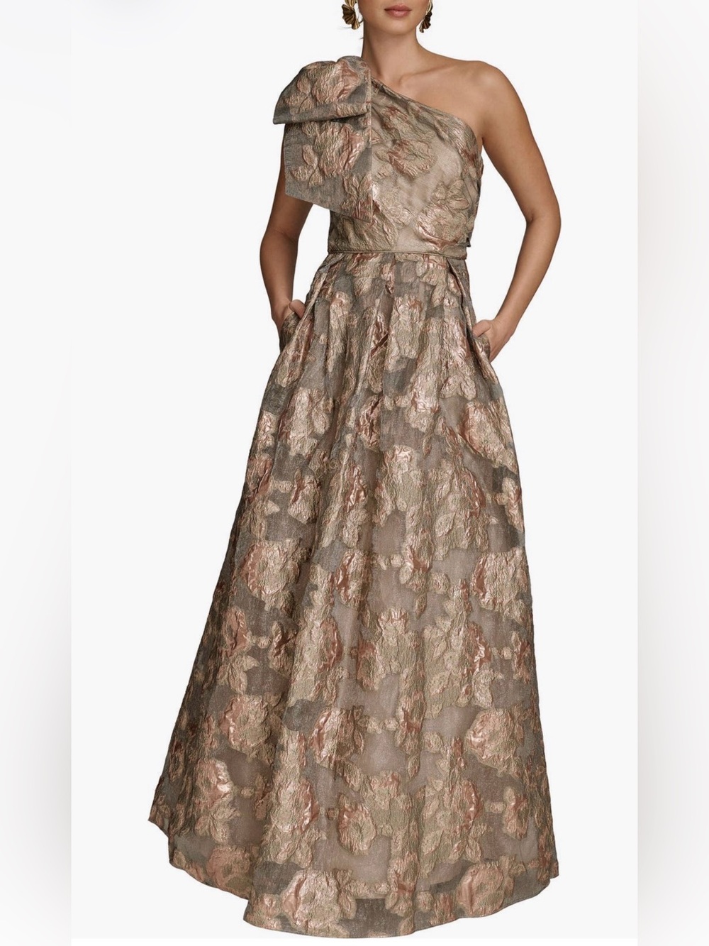 Donna Karan One-Shoulder Metallic Rose Gold and Taupe Floral Gown